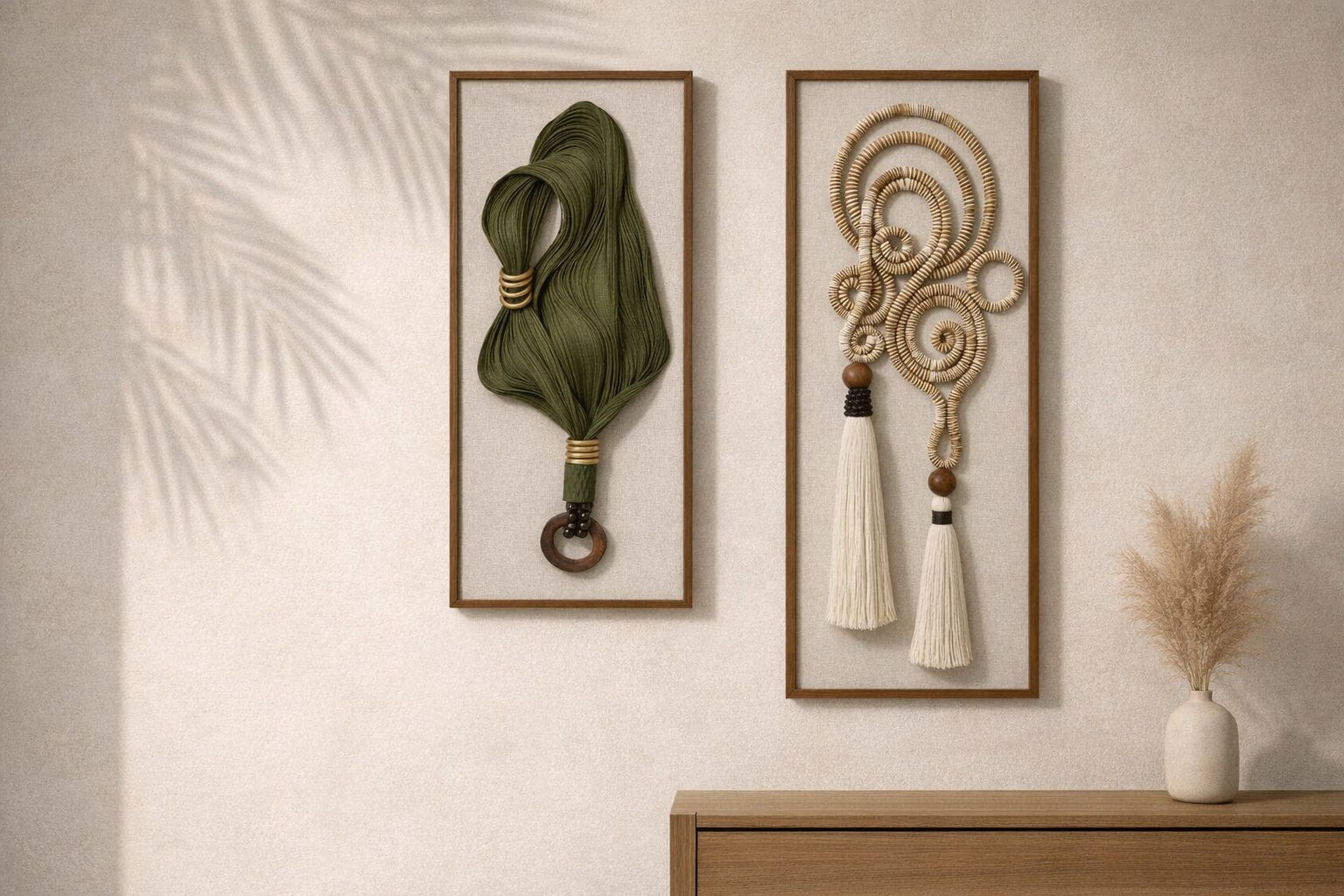 Cuadro Textil Fibra Verde y Cuadro Espiral Decorativo de Piaroa sobre pared de cal con consola de roble