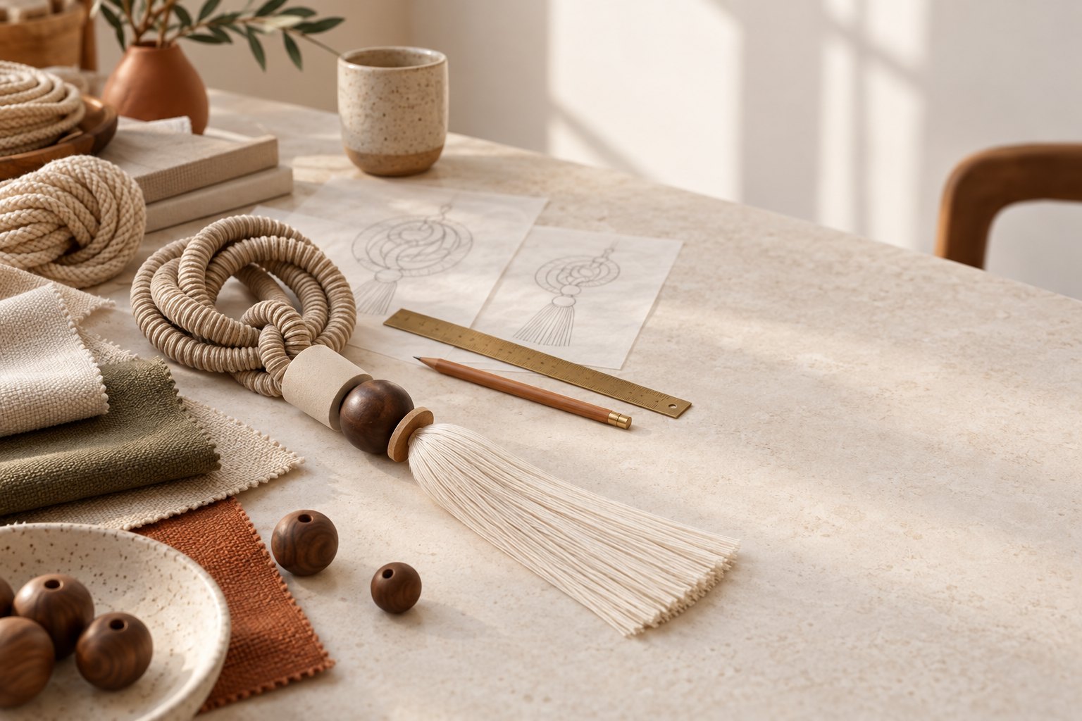Mesa de diseño con cordón, cuentas de madera, borla y bocetos