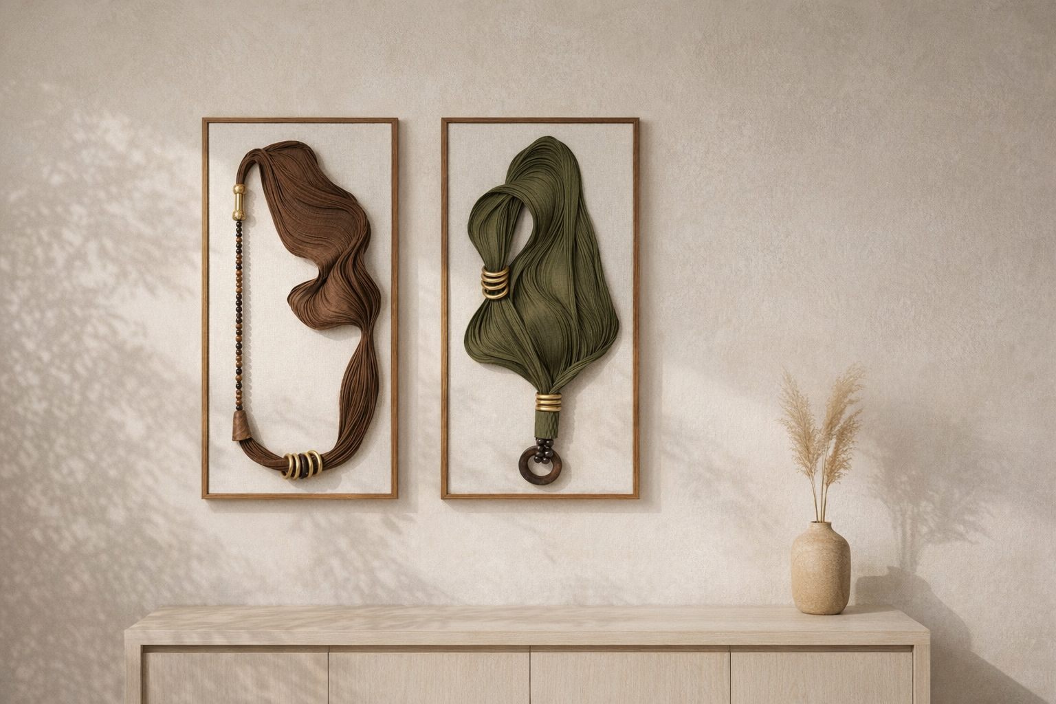 Cuadros textiles escultóricos Piaroa enmarcados sobre pared crema con luz natural